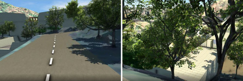 下流の道路から見た堤体のスケール感（左）。遊歩道を歩く人から見た堤体のシミュレーション（右）
