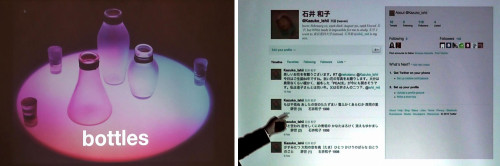 ビンに詰め込んだ音が再生する「ミュージック・ボトルズ」（左）。石井氏の母親である石井和子氏が死後もツイートし続ける「雲海墓標」（右）