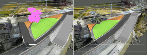 維持管理用の道路が急角度で曲がっていた元の設計案（左）を改良した案（右）