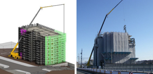 BIMで作成したマンション足場の解体計画。クレーンと足場の干渉部分（ピンク）を取り外すことで、建物背面の足場（グリーン）を吊り上げることができる（左画像）。実際の現場での作業も計画通り行えた（右写真）