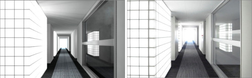 ガラスブロックのCGによる照明検討（左）と竣工写真（右）