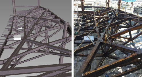 仕口や部材が複雑に交錯する立体トラスのBIMモデル（左）と工事所で組み立てられた部材（右）