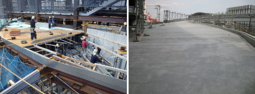 工事所での鉄骨や型枠の組み立て作業（左）。コンクリート打設で設計イメージ通りの曲面を表現したひさし（右）