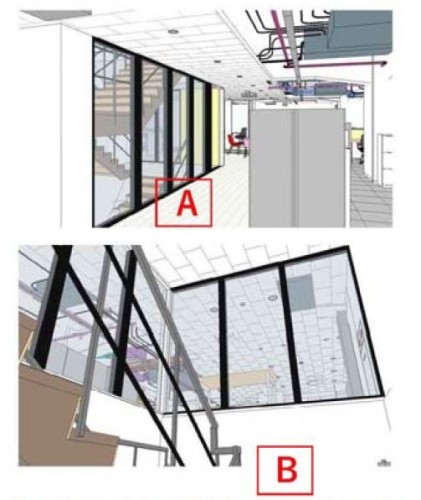 2階と3階をつなぐ内部階段は、ガラス越しの見え方をBIMモデルで確認した