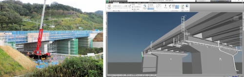 島根県出雲市内で建設が進む湖陵多伎PC上部工事の現場（左）と施工管理に使われたCIMモデル（右）
