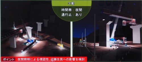 夜間の橋梁架設シミュレーション