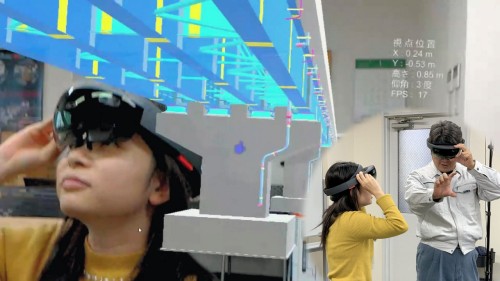 ARゴーグル「HoloLens」を着けて橋の3Dモデルを見たイメージ。実寸大・立体視で完成後の姿をリアルに体験できる