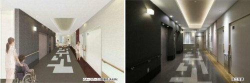 エレベーターホールのデザイン検討（左）と竣工写真（右）