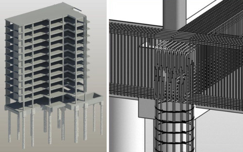 構造部材の納まり検討（左）と詳細な鉄筋BIMモデル（右）
