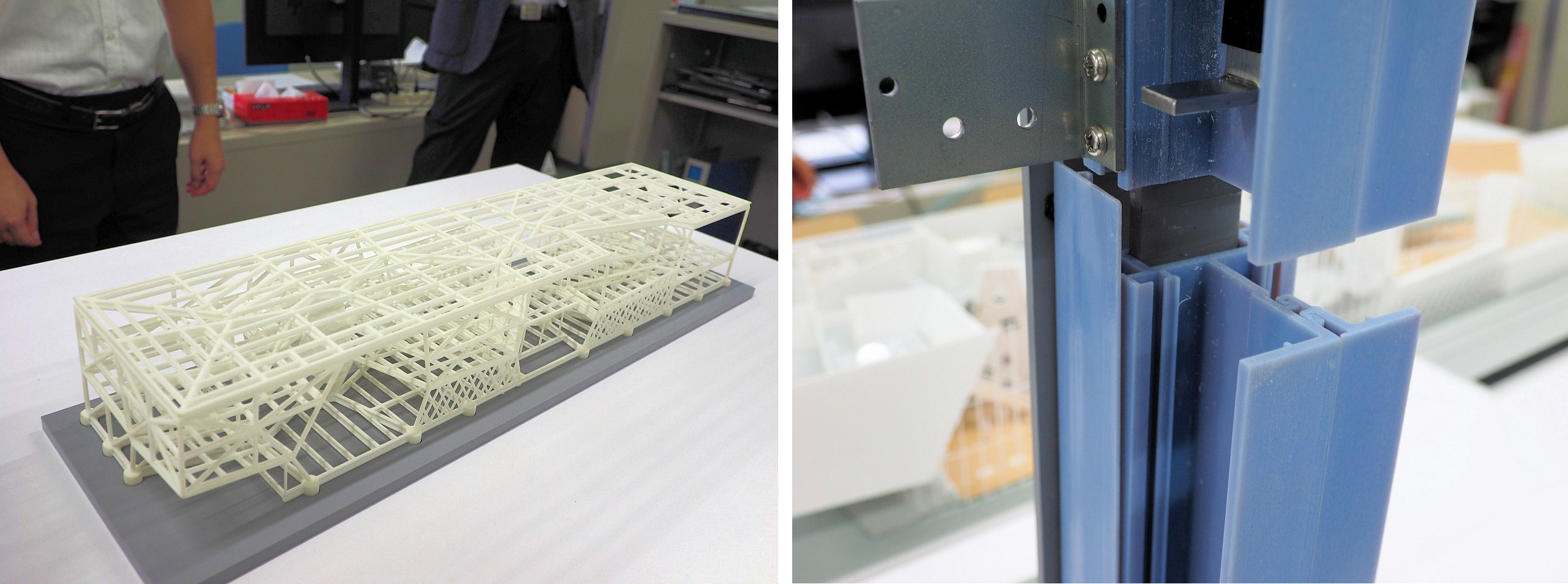 BIMモデルのデータをもとに、3Dプリンターで作られた鉄骨の模型（左）と、サッシの実物大モックアップ（右）