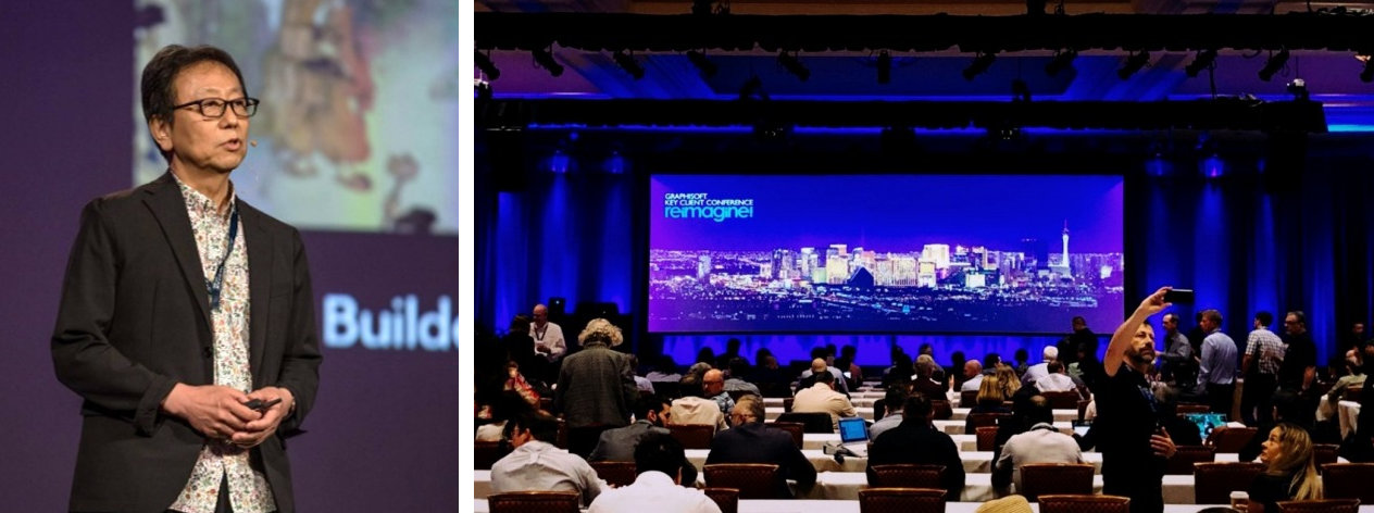 2019年6月3日～5日、米国ラスベガスで開催された「Key Client Conference 2019」で講演する竹中工務店執行役員の清水弘之氏（左）と、世界中からARCHICADの主要ユーザーが集まった会場風景（右）