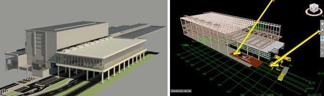 新千歳空港国際線ターミナルビルのBIMモデル（左）。鉄骨建て方作業の手順検討（右）にもBIMを活用した