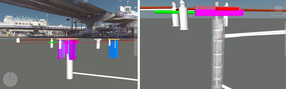 東京・上野駅前の下水道シールドトンネル工事にCIMを活用し地下構造物を見える化した例（右）。大型マンホールの詳細CIM (Civil 3D) モデル（右）