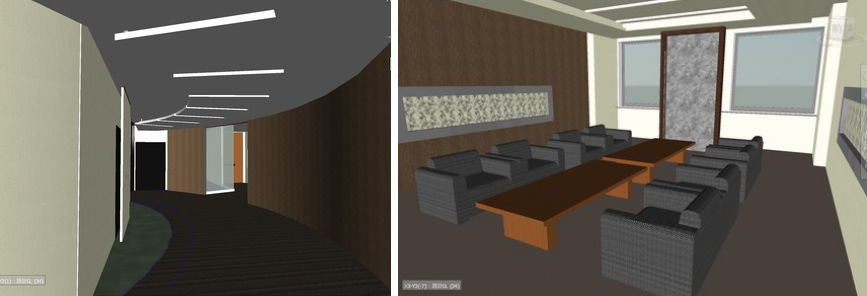 9階役員フロアの廊下（左）や応接室（右）などの内装デザインや家具の検討にRevitを活用し、設計イメージを可視化した