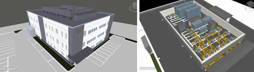 エア・ウォーター月寒の研究所ビルのBIM (Navisworks) モデル（左）は、複雑に入り組んだ屋上設備の配置検討（右）にも活用した