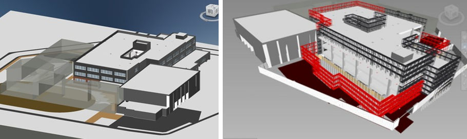 東白石小学校の改築工事（左）。工程によって変化する仮設計画（右）をBIMで行った
