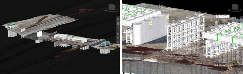 北24条大橋のCIM (Civil 3D) モデル（左）と仮設ベントの検討（右）