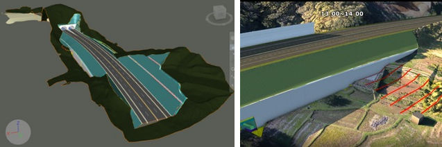 CIMによる土工計画（左）。道路による周囲の畑に対する日影検討（右）