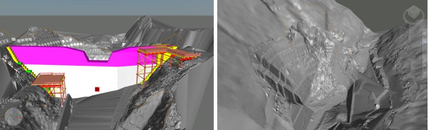 現況地盤の形状に合わせて計画した仮設構台のCIM (Civil 3D) モデル（左）。土砂崩れ発生時の土量もCIMで迅速に計量し、変更計画を作成した